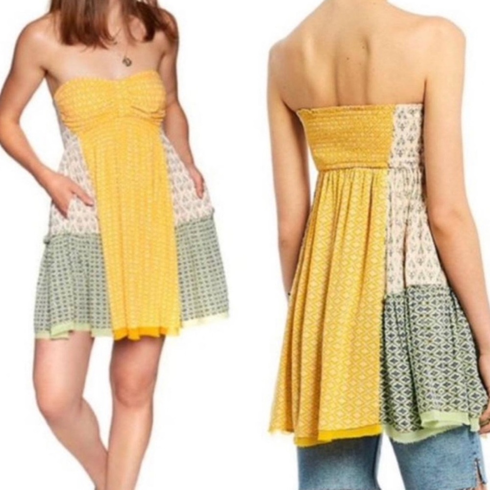 Free People Tunic Women Small Yellow Patchwork Strapless Smocked‎ Boho OB999913